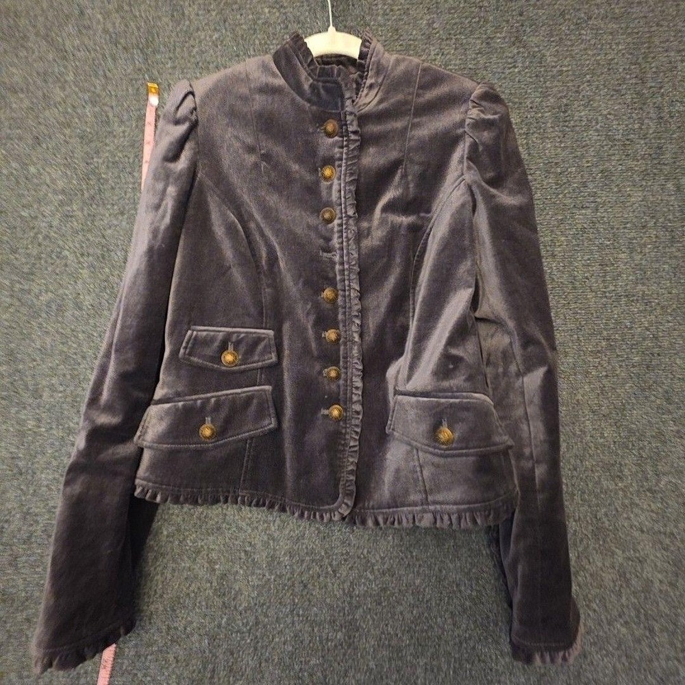 Chelsea & Theodore Blazer Jacket Womens 4 Gray Velvet Military Ruffle Button
